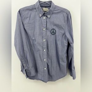 J.Crew Women Blue Long Sleeve Button-Down Shirt Embroidered Peace Sign Size 2